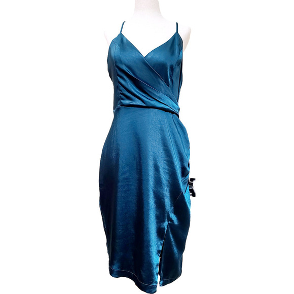 NWT Lulus Hot Night Out Teal Green Satin Surplice Faux Wrap Dress size Medium - Picture 3 of 8